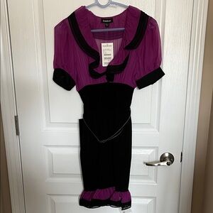 NWT bebe Purple/Black sheer silk ruffled bodycon dress XS